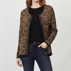 Cache Leopard Print Zip Front Knit Cardigan Sweater Size XL Animal Cheetah